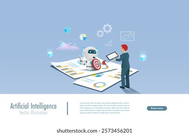 AI artificial intelligence robot holding marketing target on business paper report. AI technology acts as smart assistant for business analysis to develop smart solution and growth profit. Vector.