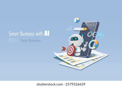 AI artificial intelligence robot holding marketing target on smartphone with business analyzing report. AI technology as smart assistant in business analysis to develop smart solution.