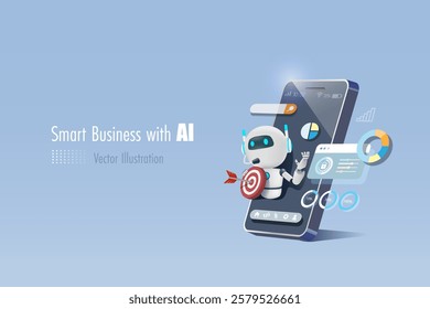 AI artificial intelligence robot holding marketing target on smartphone with business analyzing data. AI technology as smart assistant in business analysis to develop smart solution.