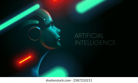 AI. Artificial intelligence robot in human face or head concept. Artificial neural network in woman head looking at up. AI mind. Clever face ai in green, red neon light. Head cyborg or robot wise look