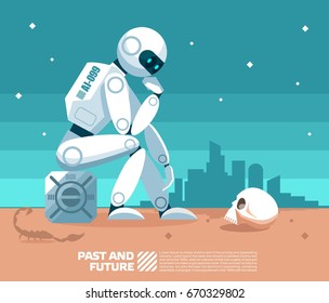 AI Artificial intelligence robot looking at a human skull and thinking any things in the background of a post-apocalyptic world in the desert with the scorpions and Ghost town 