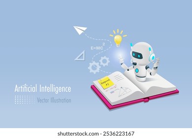 AI robô de inteligência artificial no livro de texto ajudar o aluno a fazer o dever de casa. A IA gera informações e fornece soluções inteligentes. Tecnologia da educação. Vetor 3D.