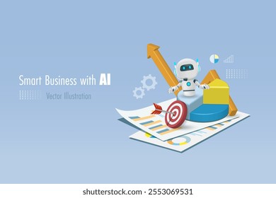 Robot de inteligencia artificial de IA en informe de negocios 3D con gráfico de crecimiento de ganancias y objetivo de marketing. Tecnología de IA como asistente inteligente en análisis de negocios para desarrollar soluciones inteligentes.