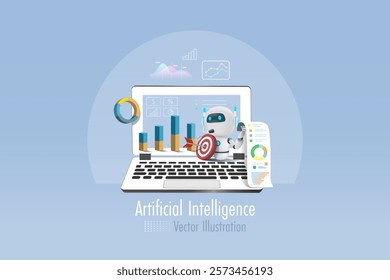 AI artificial intelligence robot on computer with analyzing business graph chart. AI technology as smart digital assistant to develop smart solution for business. Vector.