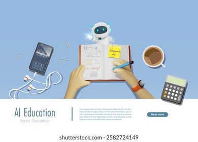 AI Artificial intelligence robot on textbook assist student doing homework assignment. AI generates information and provide smart solution. Education innovation technology. 3D Vector.