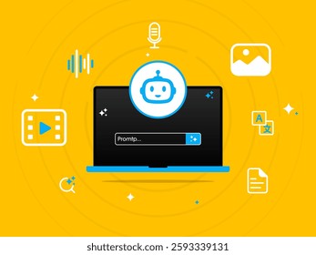 AI, Artificial intelligence robot on laptop and generate bar. AI created generate art, text, video, audio with prompt. Big data visualization and machine learning. Vector illustration.