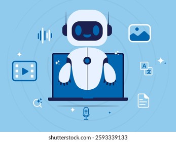 AI, Artificial intelligence robot on laptop and generate bar. AI created generate art, text, video, audio with prompt. Big data visualization and machine learning. Vector illustration.