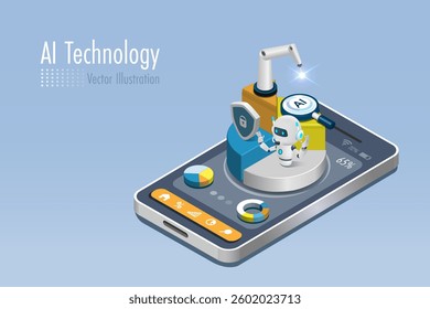 AI artificial intelligence robot on smart phone app with analyzing business graph chart and data security. AI technology as smart digital assistant for business analysis to develop smart solution.  - Powered by Shutterstock - Get 15% off with code: PIKWIZARD15