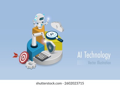 AI artificial intelligence robot on 3D pie graph with business analyzing tools and data security. AI technology as smart digital assistant for business analysis to develop smart solution.  - Powered by Shutterstock - Get 15% off with code: PIKWIZARD15