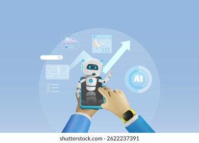AI artificial intelligence robot on smartphone in businessman hand develop smart solution for business and financial data analysis. AI innovation technology as smart assistant in business development 
