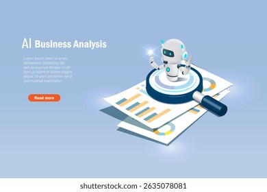 AI artificial intelligence robot on magnifying glass for business data analyzing and research. AI technology as smart digital assistant in business analysis to develop smart solution.