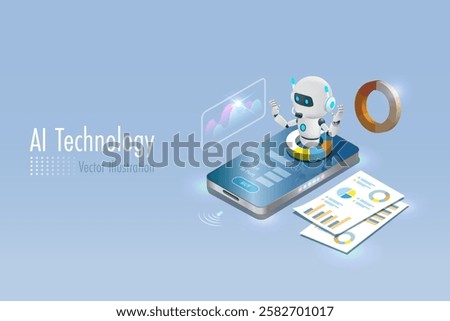 AI artificial intelligence robot on smartphone with business and financial analyzing report. AI innovation technology as smart assistant in business data analysis to develop smart solution.