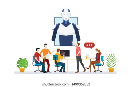 ai artificial intelligence robot team developer programmer with script technology discussion with modern flat style - vector