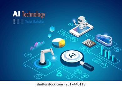 AI Sistema de redes de motor de búsqueda de inteligencia artificial. Lupa con búsqueda inteligente de robots y análisis de datos en tecnología de computación en la nube. Implementación de la innovación y el desarrollo de la IA.