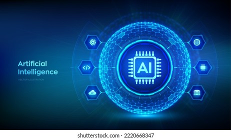 AI. Inteligencia artificial en forma de esfera con patrón de rejilla hexagonal. Concepto de Aprendizaje automático. Tecnología de innovación de grandes datos. Redes neuronales. IA y tecnología virtual. Ilustración vectorial.