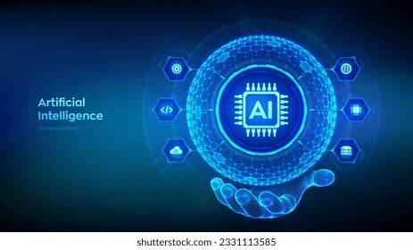 AI. Artificial Intelligence in the shape of sphere with hexagon grid pattern in wireframe hand. Machine Learning Concept. Big data. Neural networks. AI and virtual technology. Vector illustration.