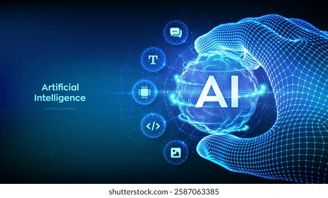 AI. Artificial Intelligence in the shape of sphere grid wave in wireframe hand. AI virtual technology. Machine Learning Concept. Big data innovation technology. Neural networks. Vector illustration.