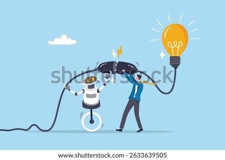 AI Artificial Intelligence support to business success, innovation or technology to get new idea, robot or automation for business concept, businessman plug in lightbulb with robot to work together.