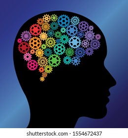 AI, artificial intelligence, symbolized with a brain filled with colorful cogwheels. Vector Illustration.
