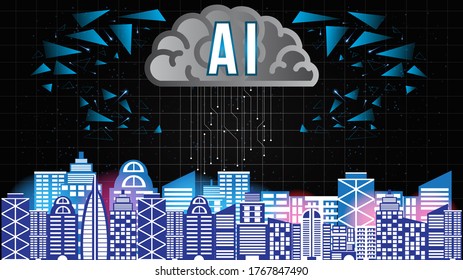 AI Artificial Intelligence technology background concept with brain and building smart city neural network thinks.Abstract futuristic sci-fi concept background.Processing big data, analysis.