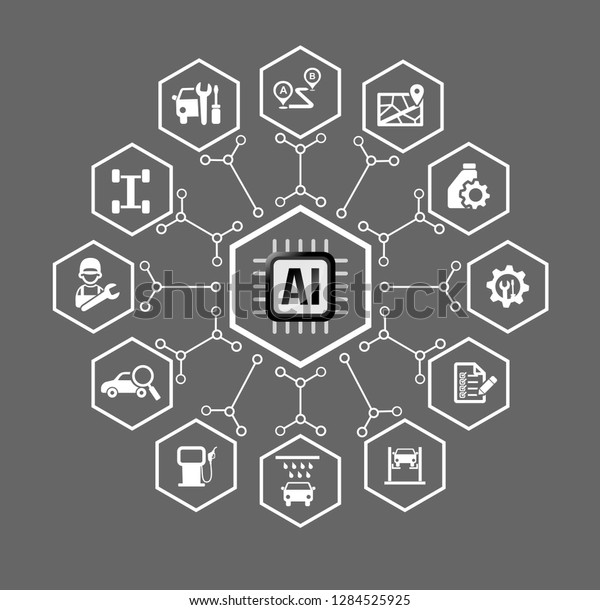 AI Artificial\
intelligence Technology for car vehicle and transport concept icon\
set in hexagon shape with connection line design element vector\
illustration eps10