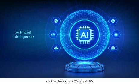 AI. Artificial intelligence technology concept. Artificial intelligence in the form of a holographic sphere with a hexagonal pattern. Neural networks. Big data. Machine Learning. Vector illustration.