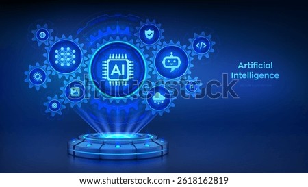 AI. Artificial intelligence technology concept. Holographic platform with glowing rays forming a projection of interconnected gears with icons. Neural networks. Machine learning. Vector illustration.