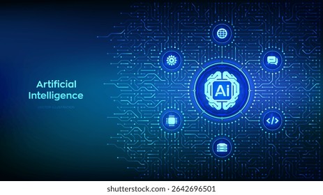 AI. Artificial Intelligence technology. Digital brain. Neural network. Machine learning. Deep learning. Big data analysis. Background with circuit board connections and tech icons. Vector Illustration