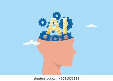 AI artificial intelligence, technology helping or support success work, AI prompt engineer or robot assistance concept. Human head with gears and AI chip.