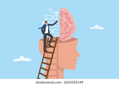 AI artificial intelligence, technology helping or support success work, AI prompt engineer or robot assistance concept. Businessman put part to circuit and brain with human head.