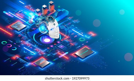 AI. Artificial intelligence technology isometric concept. Cybernetic brain communication with network and analyze data. Machine learning of AI. Robot or cyborg head images mind artificial intelligence