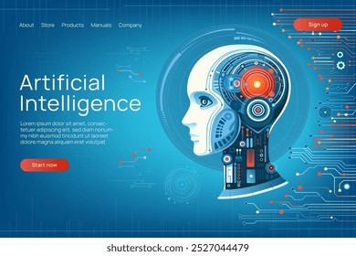 PLANTILLA de landing page de tecnología AI (Inteligencia Artificial) con procesador de chip. Perfil de cabeza de robot con microchip y red neuronal. Concepto de página de Web de inteligencia artificial. Ilustración vectorial.