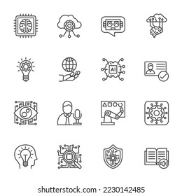 AI Artificial Intelligence technology and Machine Learning Icons, Vector thin line icons set.
