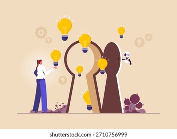 AI tecnologia de inteligência artificial para pensar e aconselhar nova ideia, robô abrindo uma porta para ver a visão de negócios, criatividade para ajudar a ver a oportunidade de negócios, visão para descobrir nova solução ou ideia, procurando por sucesso