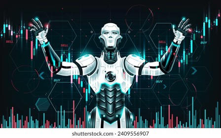 AI Inteligencia artificial trading mercado de valores, gráfico de criptomonedas por análisis candlestick con tecnología de IA, Planificación de estrategia de negocios inversión financiera, Ilustración vectorial.