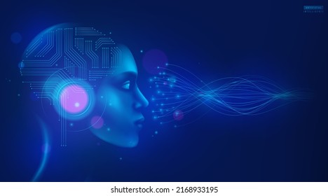 Ai Fondo vectorial de inteligencia artificial. Cabeza de robot humanoide con cerebro de tecnología con placa de circuito, mira la red neural de líneas de onda. Concepto digital de tecnología, aprendizaje automático.