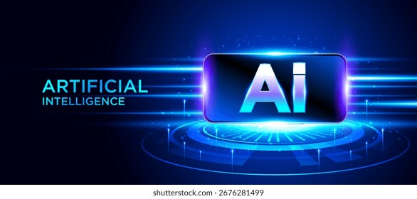 AI artificial intelligence vector background with glowing speed line and futuristic digital design. Modern technology innovation, machine learning, data science, and smart computing concept.