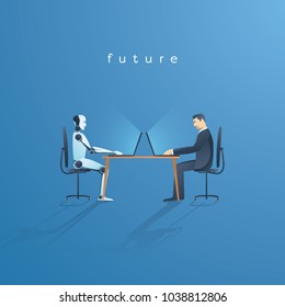 Ai or artificial intelligence vector concept with ai robot working with human. Symbol of future cooperation, technology advance, innovation. Eps10 vector illustration.