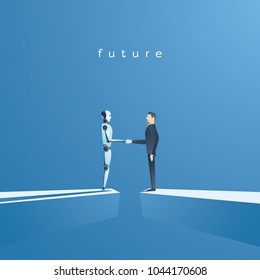 Ai Or Artificial Intelligence Vector Concept With Ai Robot Handshake With Human. Symbol Of Future Cooperation, Technology Advance, Innovation. Eps10 Vector Illustration.