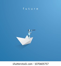 Ai or artificial intelligence vector concept with ai robot looking throught telescope into future. Symbol of technology advance, innovation, automation. Eps10 vector illustration.