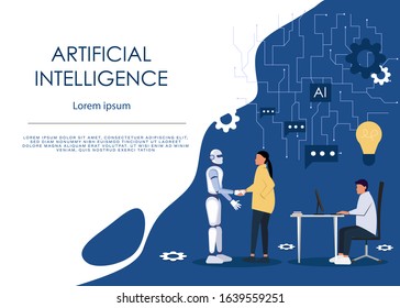 Ai or artificial intelligence vector concept with ai robot handshake with human. Symbol of future cooperation, technology advance, innovation. Eps10 vector illustration.