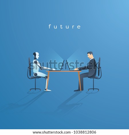 Ai or artificial intelligence vector concept with ai robot working with human. Symbol of future cooperation, technology advance, innovation. Eps10 vector illustration.