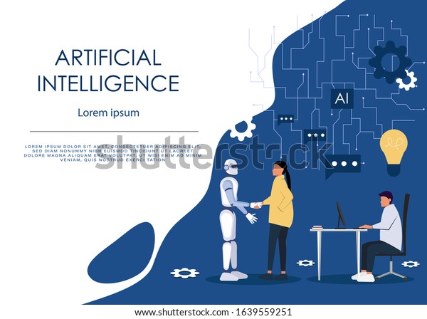 Ai or artificial\
intelligence vector concept with ai robot handshake with human.\
Symbol of future cooperation, technology advance, innovation. Eps10\
vector illustration.
