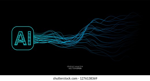 AI (Artificial intelligence) wave lines neural network with AI lettering in green and blue colors on black background. Vector in concept of technology, A.I.