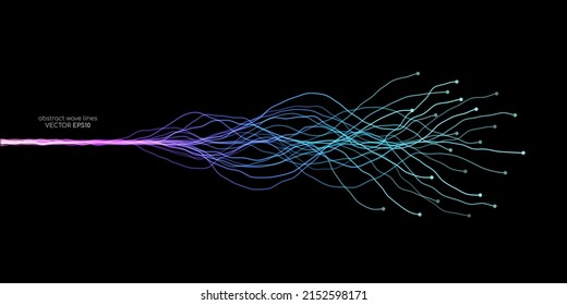 AI Artificial intelligence wave lines neural network purple blue and green light isolated on black background. Vector in concept of technology, machine learning, A.I.