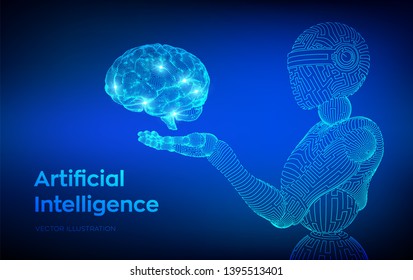 AI. Artificial intelligence. Wireframe robot. AI in the form of cyborg or bot. Digital brain. Brain in robotic hand. Machine learning. Graphic design concept of future. Vector illustration.