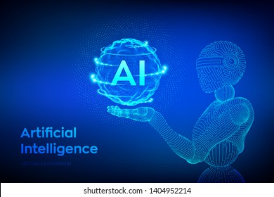 AI.Inteligencia artificial. Robot del bastidor de alambres. IA en mano robótica. Aprendizaje automático y concepto de dominación de la mente cibernética. Concepto tecnológico de ciencia ficción. Concepto de diseño gráfico del futuro. Ilustración vectorial.