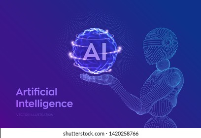 AI. Artificial intelligence. Wireframe robot. AI in robotic hand. Machine learning and cyber mind domination concept. Technology sci-fi concept. Graphic design concept of future. Vector illustration.