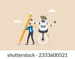AI Artificial Intelligence work with human, robot or automation to help success, robot to replace human employment, job uncertainty concept, frustrated businessman working with pencil with AI robot.