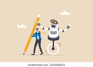 AI Artificial Intelligence work with human, robot or automation to help success, robot to replace human employment, job uncertainty concept, frustrated businessman working with pencil with AI robot.